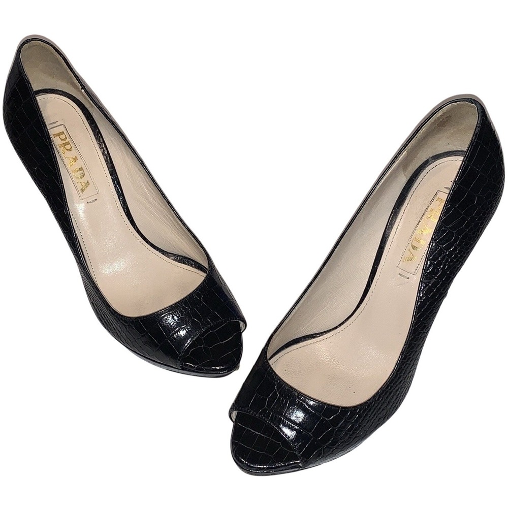 Vtg Prada Sz 36.5 Black Crocodile Embossed Leather Peep Toe Platform Pumps Heels